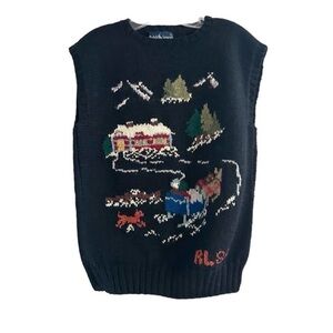 Ralph Lauren RL83 Wool Hand Knit UK Sweater Vest Black LARGE Vintage